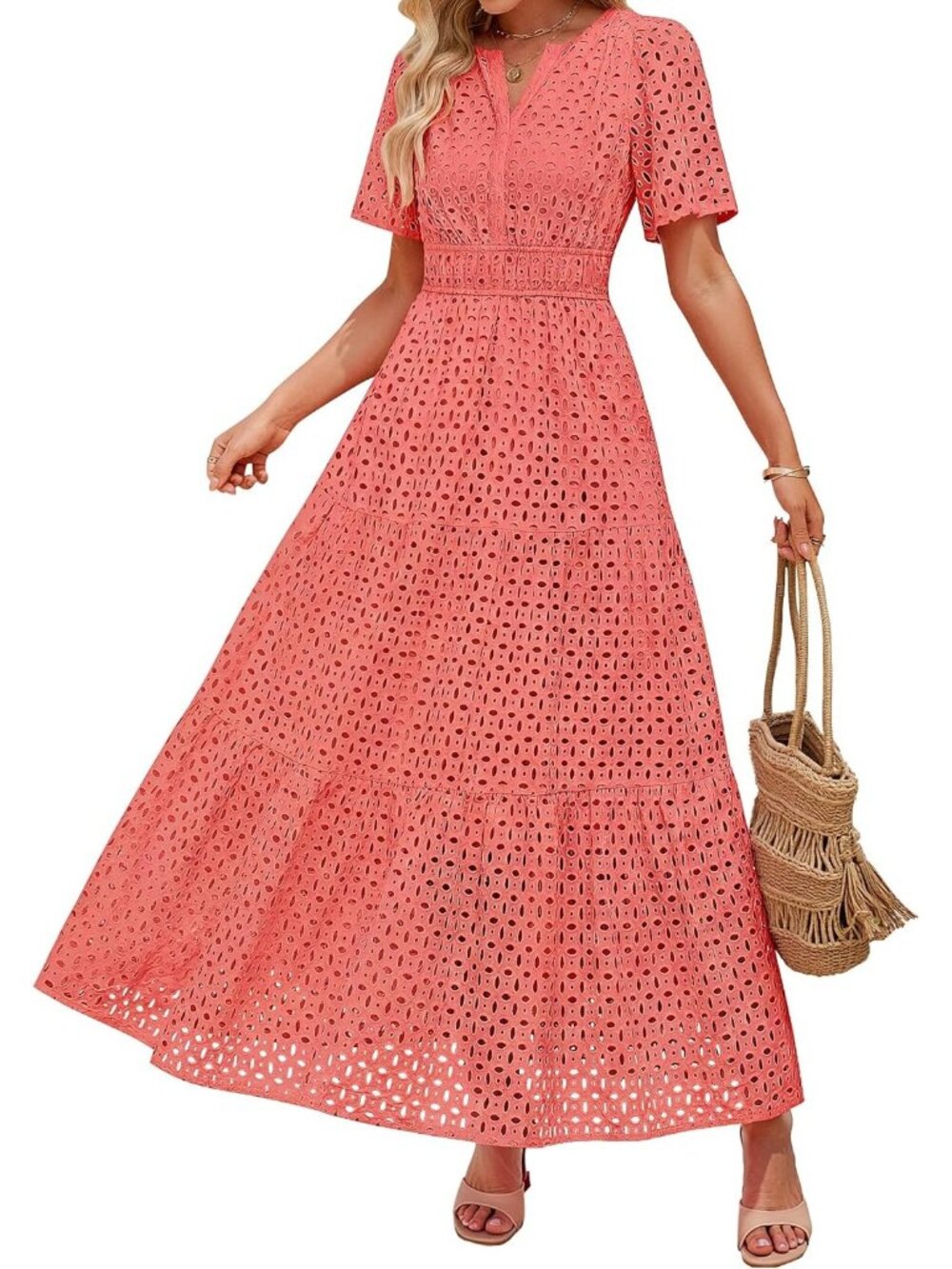 Women's Peach Eyelet Maxi V-Neck A-Line Beach Vacation Long Dress